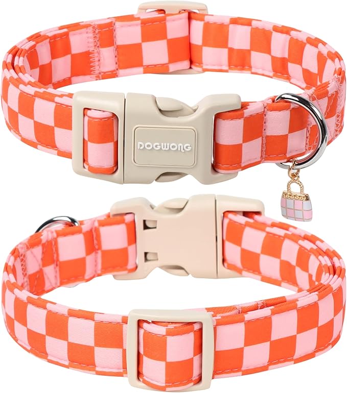 DOGWONG Pink Plaid Dog Collar, Pink Girl Dog Collars, Adjustable Cute Pet Collars Girl Design Dog Collar for Small Medium Large Dogs,XS