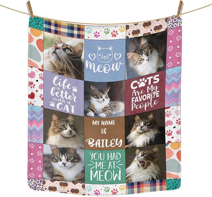 Personalized Pet Photo Blanket, Custom Pictures Collage Cat Memorial Gift, Cat Loss Gift Remembrance Pet Blanket for Family Friends Pet Sympathy Gift for Kids and a Grieving Pet Owner 60"x80"