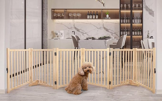 YOCAN Non-Painted Wooden Freestanding Dog Gates for The House,Doorways, Stairs,Wood Dog Fences Indoor Pet Gate,Step Over Fence-6 Panel H:23”