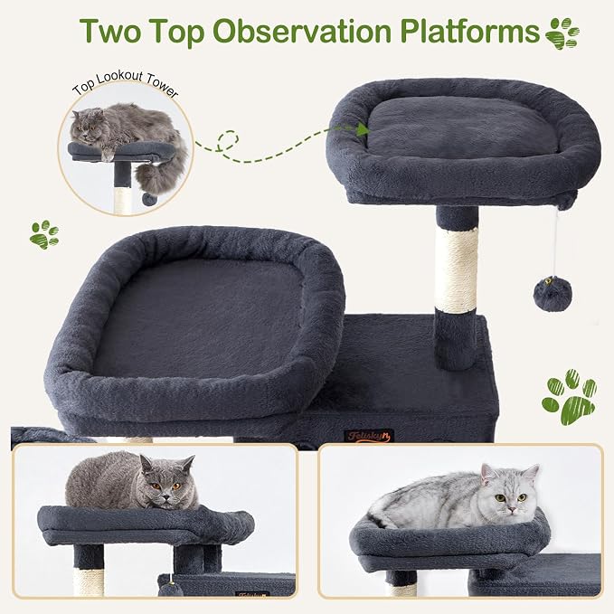 74in Cat Tree Tower for Indoor Cats, Multi-Level Design Dark Gray | 2 Roomy Condos, 2 Cozy Baskets, 2 Padded Perches, 9 Sisal Scratching Posts, Hammock, Hanging Toys, Wide Base, Easy Assembly