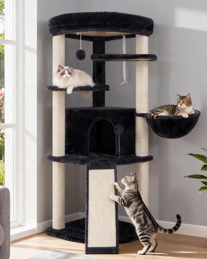 Corner Cat Tree Tower with All Sisal Scratching Posts GCT025G | 44.1" Cat Furniture with Multi-level Cat Condo, Cat Cave, Hanging Basket, Sisal Scratching Ramp for Indoor Cats, Drak Gray