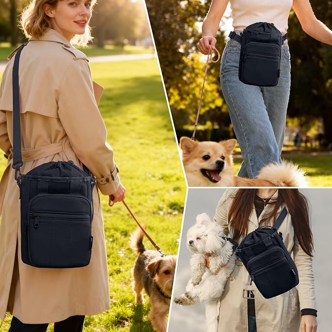 Stylish Dog Training Treat Pouch with Waist & Shoulder Strap, Dog Treat Bag for Walking and Training, Removable Waterproof Liner, Drawstring Treat Holder with Front Pocket & Clicker