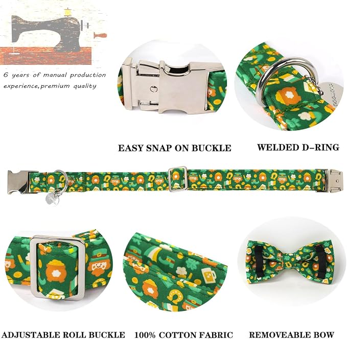 DOGWONG St Patrick Dog Bow Tie with Collar, Irish Holiday Shamrock Lucky Dog Collar for Boys and Girls Large Medium Pets Puppies