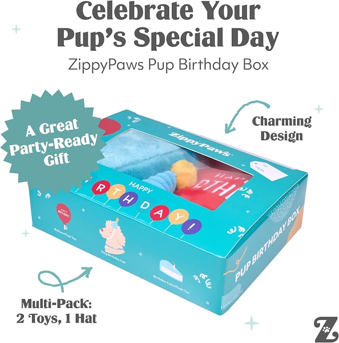 ZippyPaws Birthday Box - Dog Squeaky Toys to Keep Them Busy, Funny Food Plush for Small, Medium, & Large Dogs, Cute Stuffed Puppy Toy & Hat, Pet Products, Gift for Dogs of All Breeds - 3-Pack