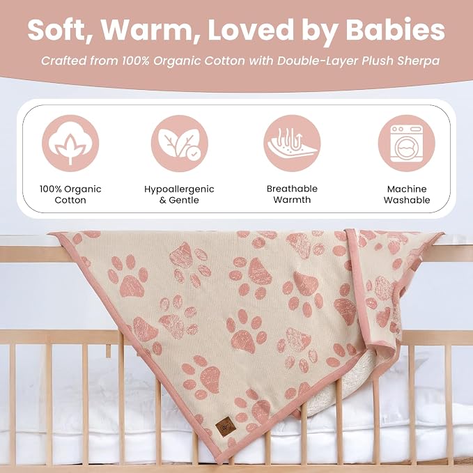 Baby & Pet Blanket 100% Cotton with Sherpa Fleece – Soft Stroller Blanket for Baby, Dog & Cat – Breathable, Hypoallergenic, Washable – 76×96 cm Pink Beige