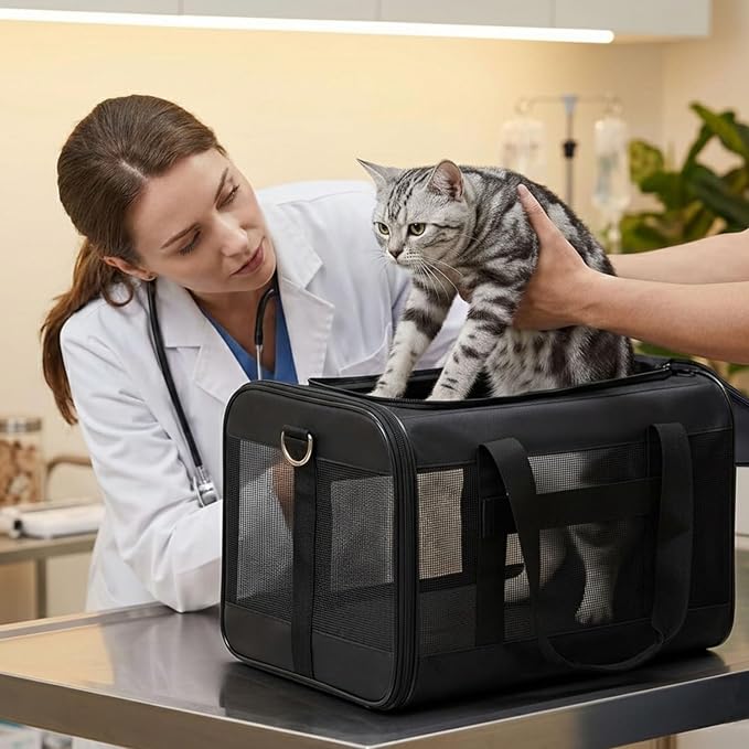 Conlun Dog Carrier Soft Sided, Large Cat Carrier with Inner Safety Leash, Pet Transport Carrier for Large Cats and Medium Dogs up to 20 Lbs, Collapsible Travel Puppy Carrier Bag -Black L