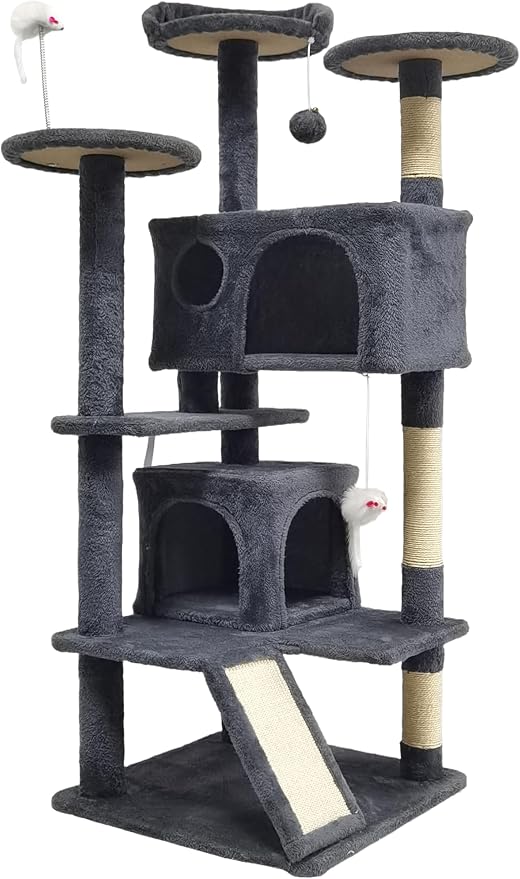 53in Cat Tree House with Scratching Post & 2 Caves for Indoor Cats