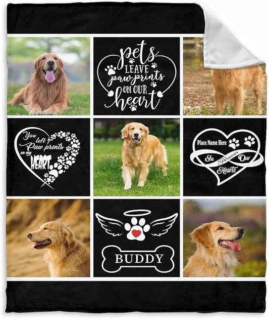 InterestPrint Personalized Pet Memorial Blanket Pet Leave Pawprints on Our Heart Blanket Custom Loss of Dog Memorial Fleece Blankets Memory Throw Blanket Gift for Grieving Pet Owner 60X80 Inch