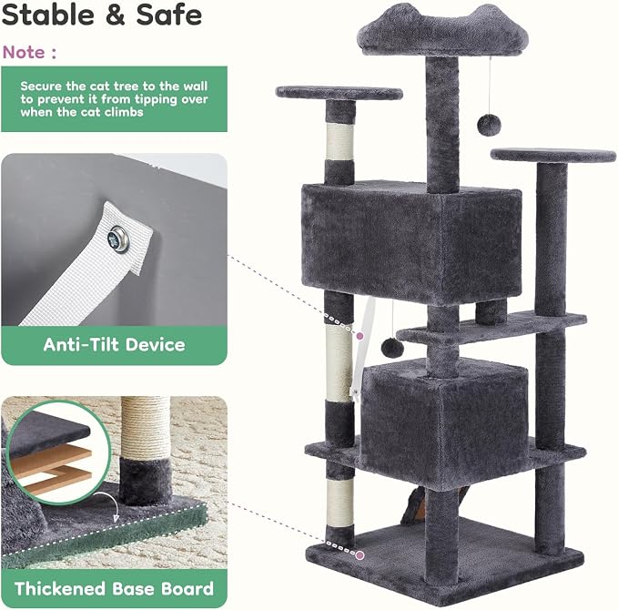 DUMOS 54 Inch Cat Tree Tower with Scratching Posts | Indoor Multi-Level Pet House for Large Cats with 2 Condos, Round Platform, Small Ladder and Toys, Dark Grey