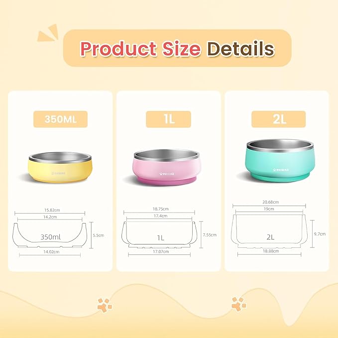 Pawaii Small Dog Bowls, 12 oz. Food Water Bowl Designed for Puppies and Cats with Non-Slip Rubber Base, Upgraded Metal Insulated, Double Stainless Steel Bowls, Cheese Yellow | Double-Wall Design,Smooth Open Bowl Design,Easy-Rinse Interior,Wide Bowl Ope...