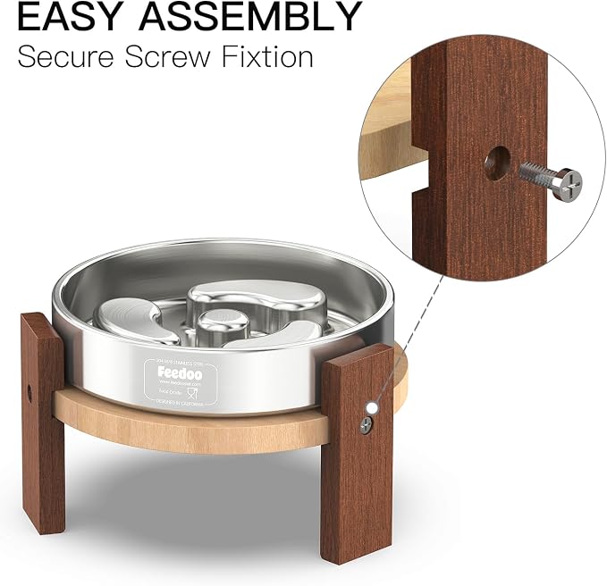Feedoo Elevated Dog Bowl Stand, 4'' Height Raised Stand for Small Dogs, Includes 1Cup Stainless Steel Slow Feeder Dog Bowl, Durable Solid Hardwood