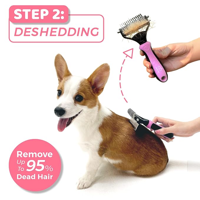 Grooming Brush for Dog/Cat with 2 Sided Grooming Brush for De-Shedding, De-Matting Reduces Shedding up to 95%, Great Short to Long Hair (Pink, Small)