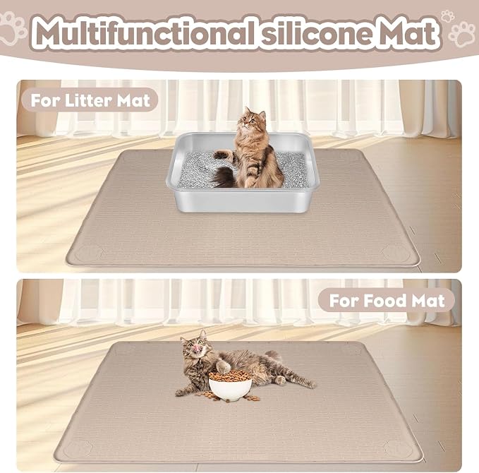 Kalolary Cat Litter Mats,40"x28"Extra Large Silicone Cat Mat for Litter Box | Easy to Clean Kitty Litter Trapping Mat, Soft on Kitty Paws, Waterproof, Urine-Proof Kittys Litter Mats for Floor,Khaki