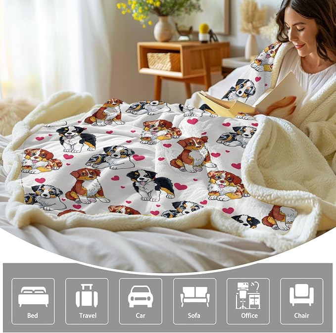 BlessLiving Red Hearts Dog Cat Print Plush Blanket Cute Puppy for Kids Adults 3D Animal Print Plush Blanket Gift for Pet Lovers (Australian Shepherd,Twin, 60 x 80 Inches)