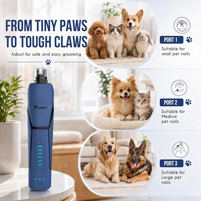 Candure Whisper Quiet Dog Nail Grinder with 360 Degree LED Light, 6-Speed Rechargeable Pet Nail Trimmers with Extra Grinding Head for Safe, Stress-Free Grooming for All Pet Sizes (Dark Blue)
