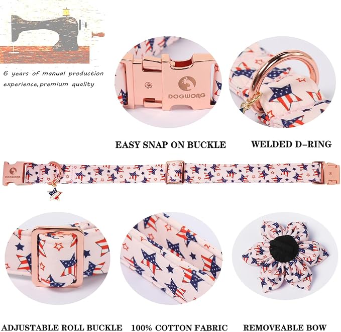 4th of July Independence Day Dog Collars with Flower, Pink Blue American Flag Star Dog Collar, DOGWONG Pink Girl American Flag Dog Collars for Large Dogs,XL