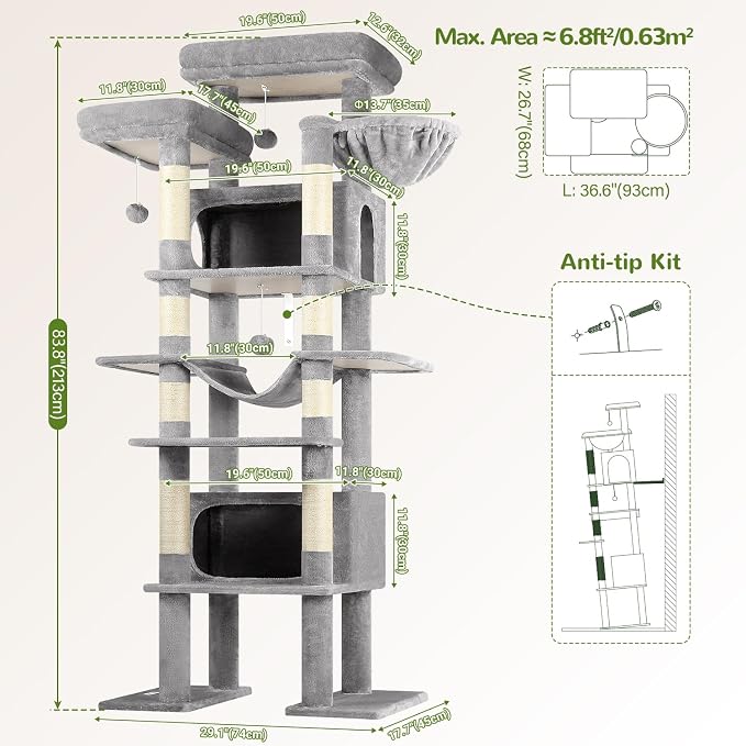 Globlazer Giant Tall Heavy Duty Cat Tower for Indoor Large Cats, F83B | XXL Multi-Level Large Cat Condo with 8 Scratching Posts, Hammock, 2 Cat Caves, 2 Platform, Light Grey