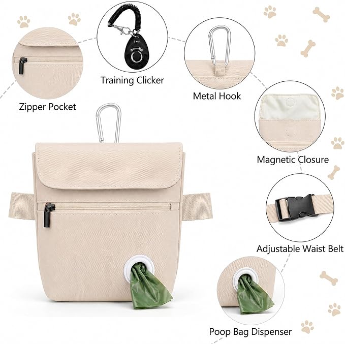 Dog Treat Pouch and Dog Training Clicker, Treat Bag with Poop Bag Dispenser, Powerful Magenetic Clasp, Metal Clip Waist Belt Fanny Pack for Pet Walk Dog Training (White)
