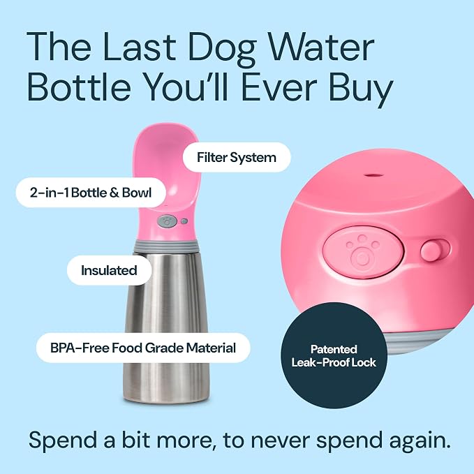 MalsiPree Insulated Dog Water Bottle - 24 oz Pink, Stainless Steel | 24oz insulated steel bottle & bowl - leak-proof - Use for dog travel, hiking, park & beach days