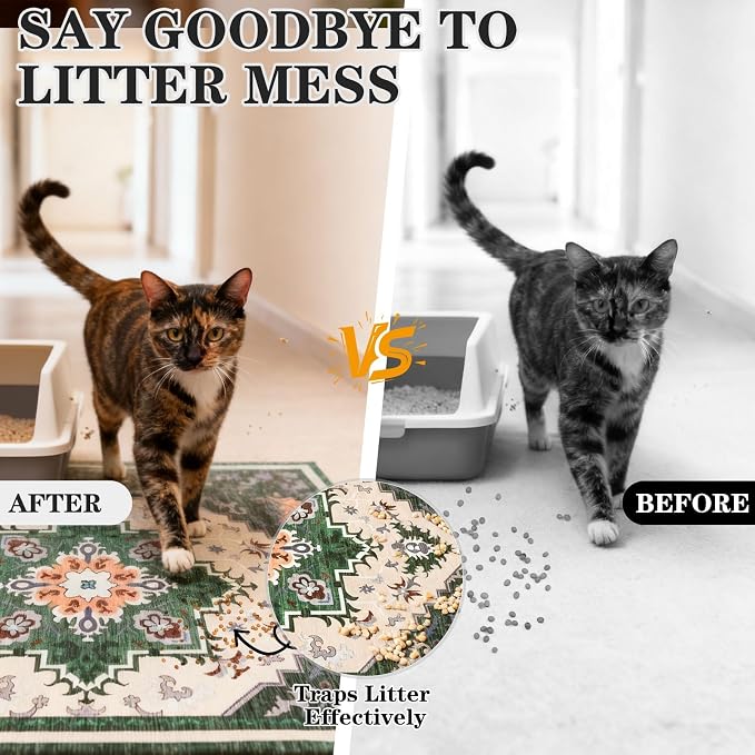 EXPAWLORER Cat Litter Mat, 32”x48” XL Non-Slip Urine Waterproof Litter Trapping Mat Easy to Clean Washable Litter Box Mat for Floor Soft on Kitty Paws, Indoor Food Mats Rug Pads for Bathroom Green