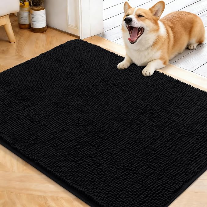 OLANLY Dog Door Mat for Muddy Paws 40x32, Super Absorbent Chenille Mud Mat | Black, Absorbs Moisture and Dirt, Non-Slip Machine Washable Doormat, Quick-Drying Indoor Entryway Floor Carpet for Dogs
