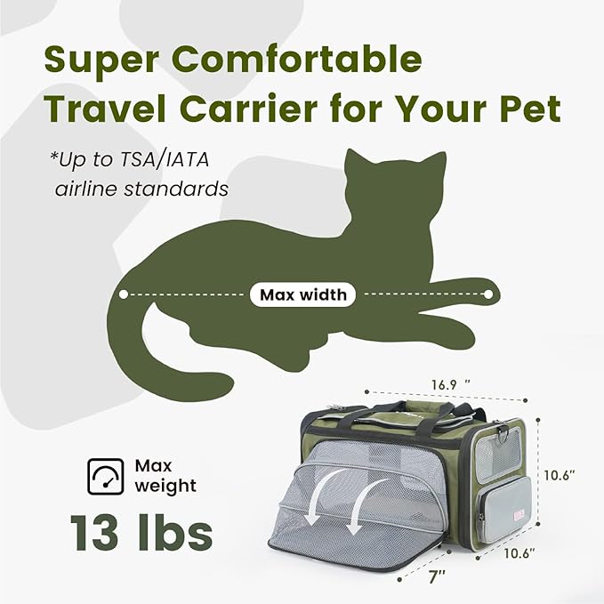 Pawaii Cat Carrier Airline Approved Expandable Breathable Safety Leash | Up to 13 lbs, 16.9 x 10.6 x 10.6 in, QR pet ID tag, top entry, luggage sleeve, soft fleece pad, foldable storage