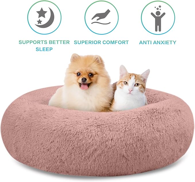 SAVFOX 45 inches Calming Donut Dog Bed - 3X Durable Plush Faux Fur, Machine Washable & Non-Slip, Fits up to 150 lbs, Pink