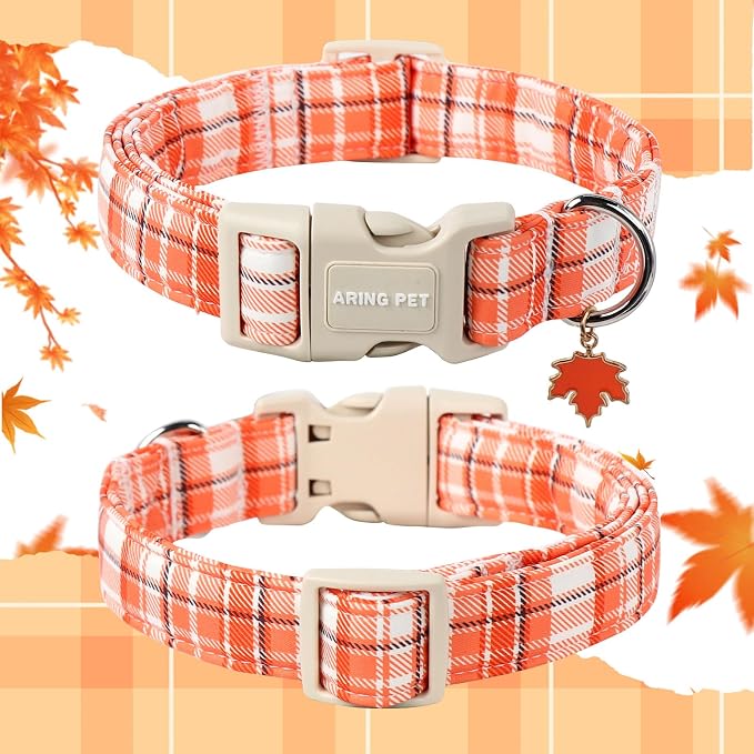 ARING PET Fall Dog Collars, Cute Orange White Plaid Halloween Autumn Pumpkin Maple Leaves Pet Collar with Quick Release Buckle for Small Medium Large Girl Boy Dogs-S