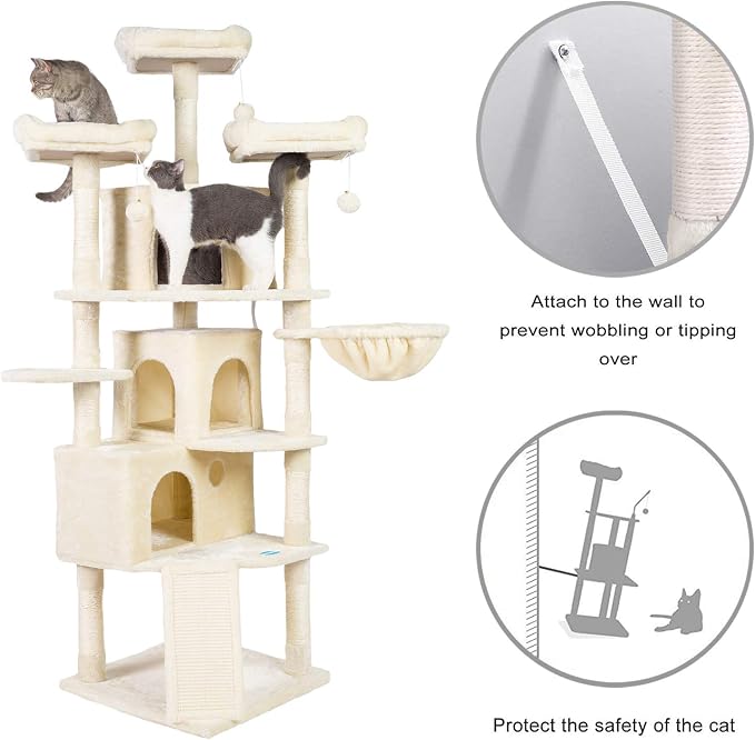 Hey-brother Cat Tree Tower with Multi-Level Large Condo, Platform, MPJ032M | 73.4 Inch Cat Tower with 3 Caves, 3 Cozy Perches, Scratching Posts, Board, Activity Center Stable for Indoor Cats, Beige