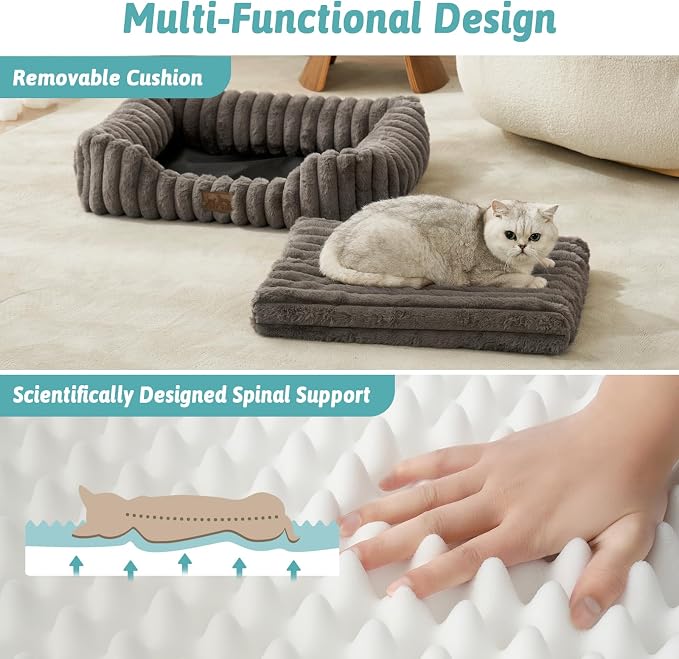 COZY KISS Orthopedic Pet Bed for Small Cats - Washable Rectangle Pet Bed with Anti-Slip Bottom, Soft Calming Cat & Puppy Bed for Indoor Pets (20"x18"x6", Grey)