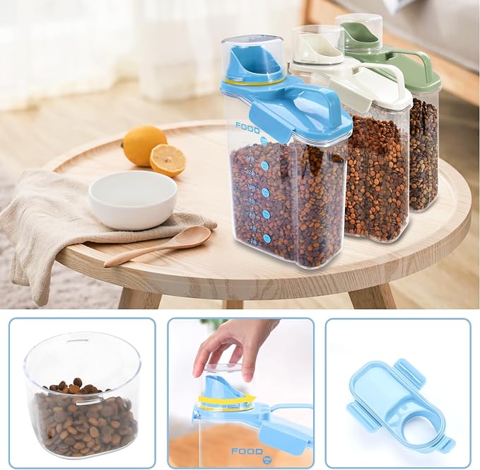 Dog Food Storage Container with Large Pour Spout, Blue | Pet Food Container with Measuring Cups, Keep Food Fresh, Portable Cat Food Container for Dogs, Cats, Birds