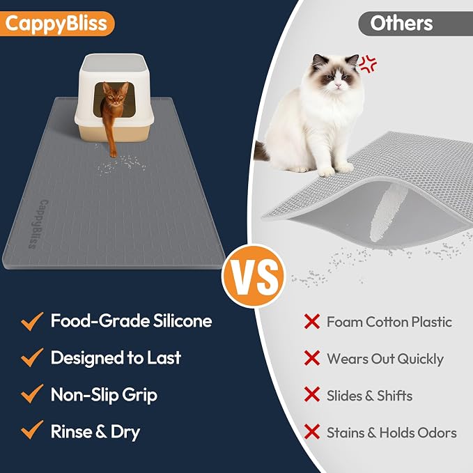Cat Litter Mat, 34"x22" Waterproof Silicone, Litter Trapping | Large Size, Non-Slip Floor Pad, Easy to Clean, Indoor Cats, for Litter Box, Traps Litter & Dirt, Black