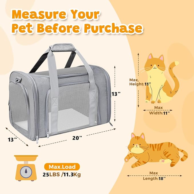 Cat Carrier Soft for Pets Up to 25 Lbs, Cat Travel Bag Soft-Sided with Padded Shoulder Strap, Pet Dog Carriers for Small Dogs Travel Puppy Carry Airline Approved, Grey