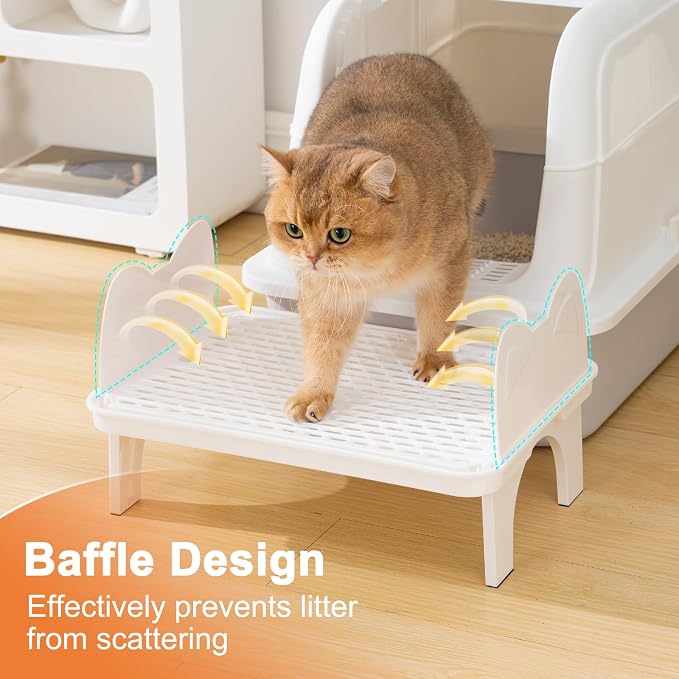 Uross Cat Litter Box Step, Extra Large Litter Box Ramp/Stairs with Detachable Splash-Proof Side Baffles, Anti-Tracking Litter Catcher, Easy to Clean, Non-Slip Step for Small & Elderly Cats (White)