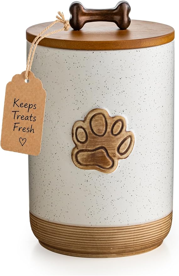 Miamolo Dog Treat Container with Lid, Ceramic Dog Treat Jar Airtight, 8 Cups Dog Food Storage Container for Countertop, Decorative Dog Cookie Jar with Hanlde, Premium Pet Gift, Paw Dotted White