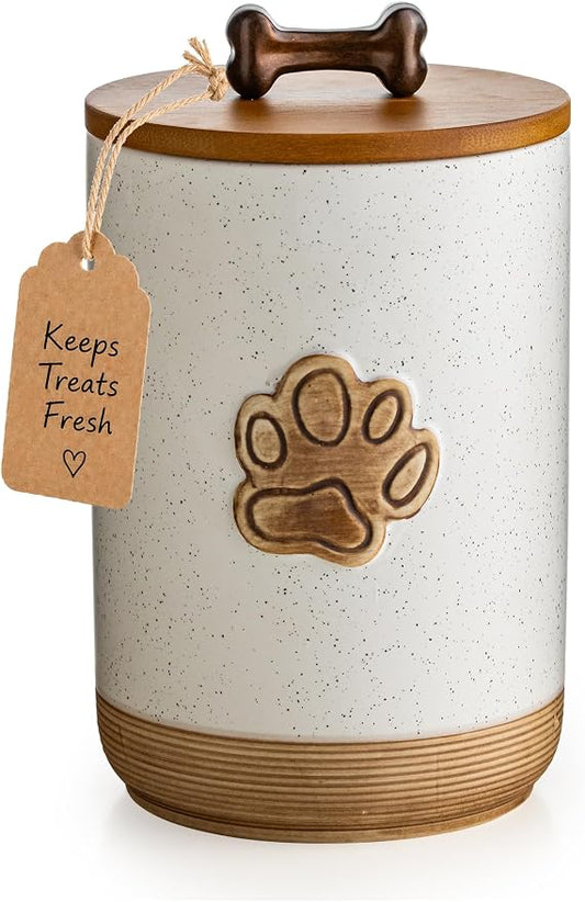 Miamolo Dog Treat Container with Lid, Ceramic Dog Treat Jar Airtight, 8 Cups Dog Food Storage Container for Countertop, Decorative Dog Cookie Jar with Hanlde, Premium Pet Gift, Paw Dotted White