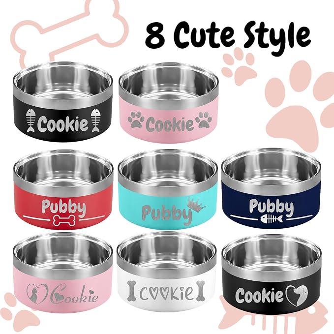 Personalized Dog Bowl Laser Engraved Custom Pet Name 18/32/42/64 oz No Slip Stainless Steel Insulated Bite-Resistant Food Water Dishes-Pink
