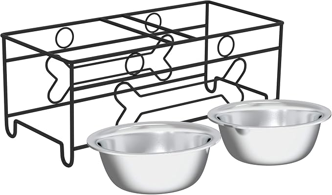 Set of 2 Stainless Steel Dog Bowls - 40oz Pet Bowls with Decorative Dog Food Stand - Metal Food and Water Dishes for Large Pets - Puppy Essentials by PETMAKER (Silver/Black)