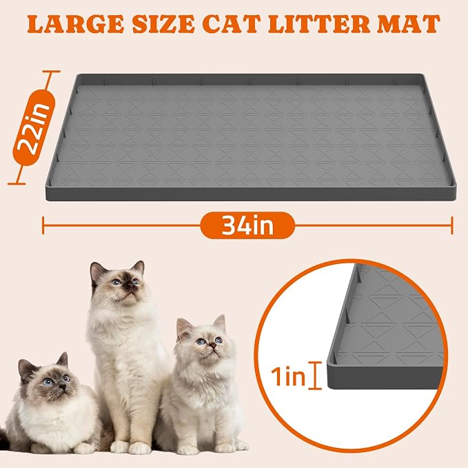 Pawtners Silicone Cat Litter Mat 34 x 22 in, Easy to Clean | Non-Slip Kitty Litter Mat for Floor, Waterproof & Urine-Proof Cat Litter Mat Litter Trapping Mat, Soft on Kitty Paws