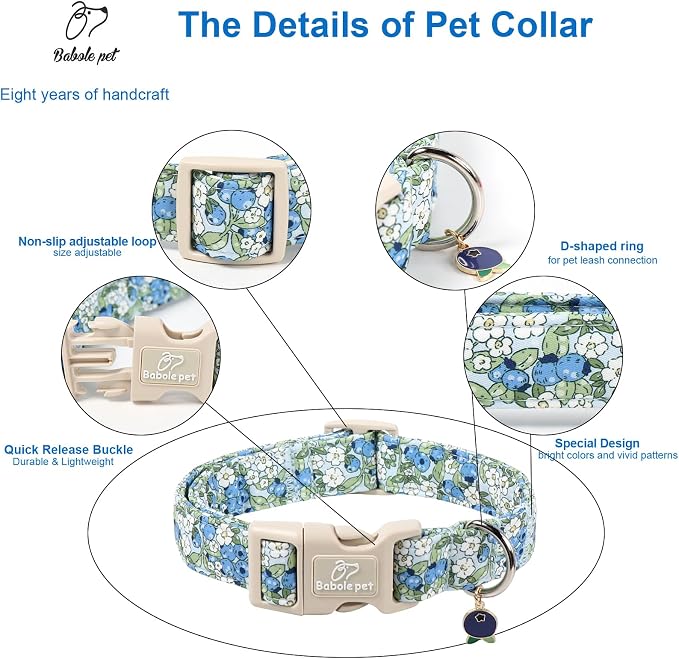 Blueberry Pattern Dog Collar, Cute Light Blue Spring Summer Puppy Collar - Soft Adjustable Designer Dog Collars for Small Medium Large Dogs L