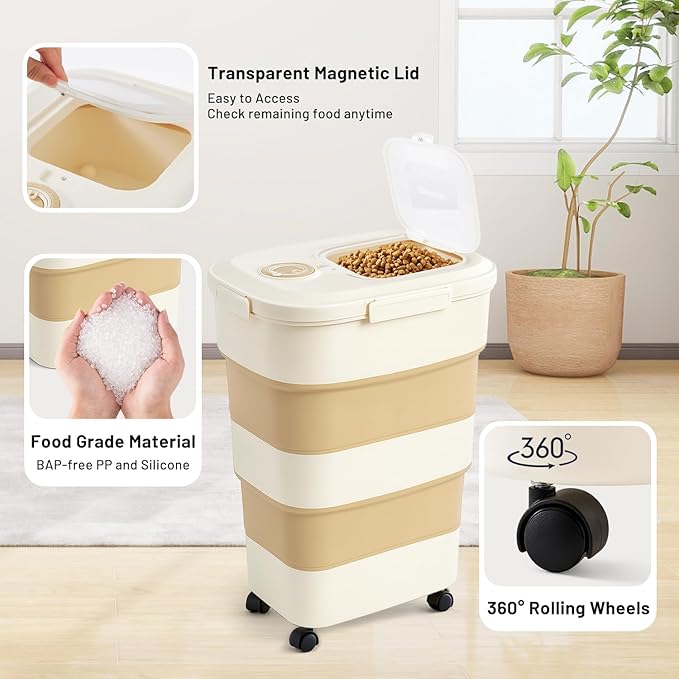 ZOMISIA 40-50lbs Dog Food Storage Container, Large Capacity Collapsible Airtight Pet Food Storage Containers with Rolling Wheels, Transparent Lid, Scoop and Date Track, Brown