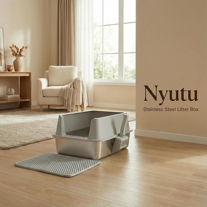 XL Stainless Steel Litter Box with Lid, Extra Large Cat Litter Box | Metal Cat Litter Box for Big Cats with High Sides, Anti-Urine Leakage,Easy Cleaning, Non-Stick, Include Scoop and Mat