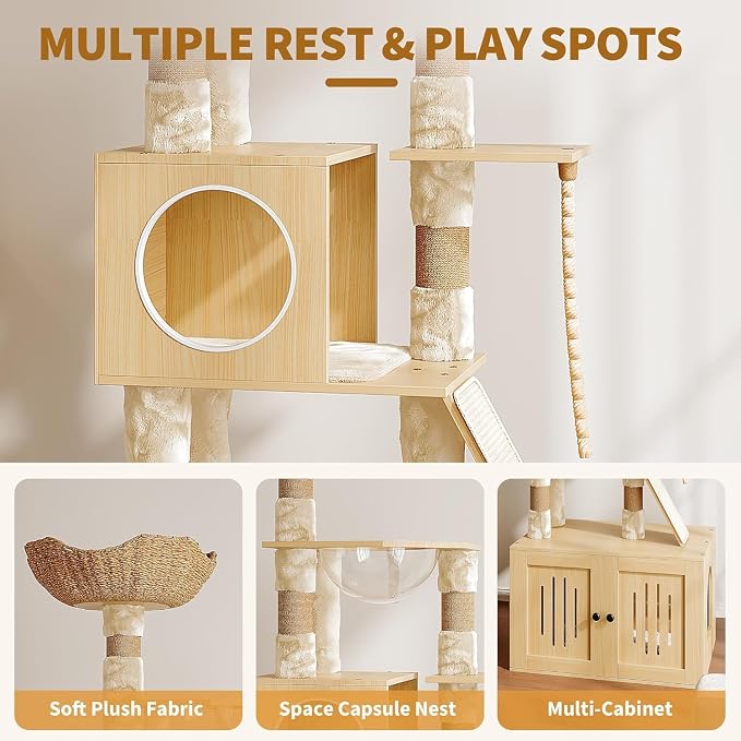 Garvee Tall Cat Tree with Litter Box Enclosure, 66.9-Inch Cats Condo, Multi-Level Perch & Scratching Posts for Cat
