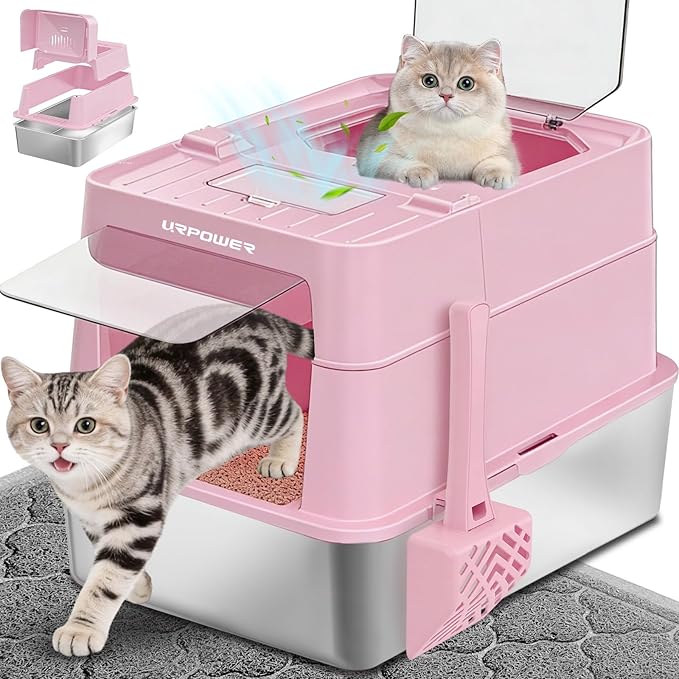 URPOWER Stainless Steel Cat Litter Box with 110° Flip-Top Lid, XL Enclosed Metal Litter Box for Large Cats, Odor Control, Anti-Urine Leakage, Non-Stick Pan, Front Entry Top Exit, Scoop & Mat Included