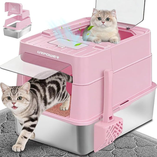 URPOWER Stainless Steel Cat Litter Box with 110° Flip-Top Lid, XL Enclosed Metal Litter Box for Large Cats, Odor Control, Anti-Urine Leakage, Non-Stick Pan, Front Entry Top Exit, Scoop & Mat Included