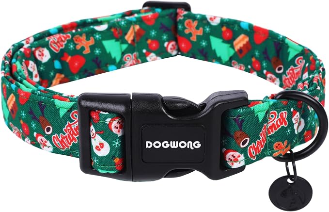 DOGWONG Christmas Cotton Dog Collar, Green Santa Christmas Dog Collar Durable Soft Fabric Pet Dog Collars Cute Puppy Necklace for Small Dogs