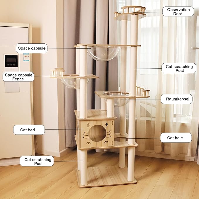 Yinanroa 73-Inch Cat Tower for Multiple Cats, Cat Tower for Large Cats, Slim, Stable, Freestanding, Popular,Prevents Cats from Falling, Space Saving, Wooden Cat Tree. 20lb (8782)