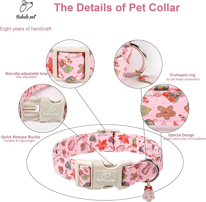 Christmas Dog Collar - Cute Pink Cozy Christmas Puppy Collar with Safety Buckle, Soft Adjustable Holiday Dog Collars for Small Medium Large Dogs XS