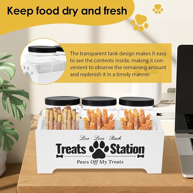 Dog Treat Container for Countertop Dog Food Storage with 3 Plastic Treat Jars Wood Dog Food Container with Handles and Lids Farmhouse Practical Pet Cat Dog Treat Storage Containers (white)