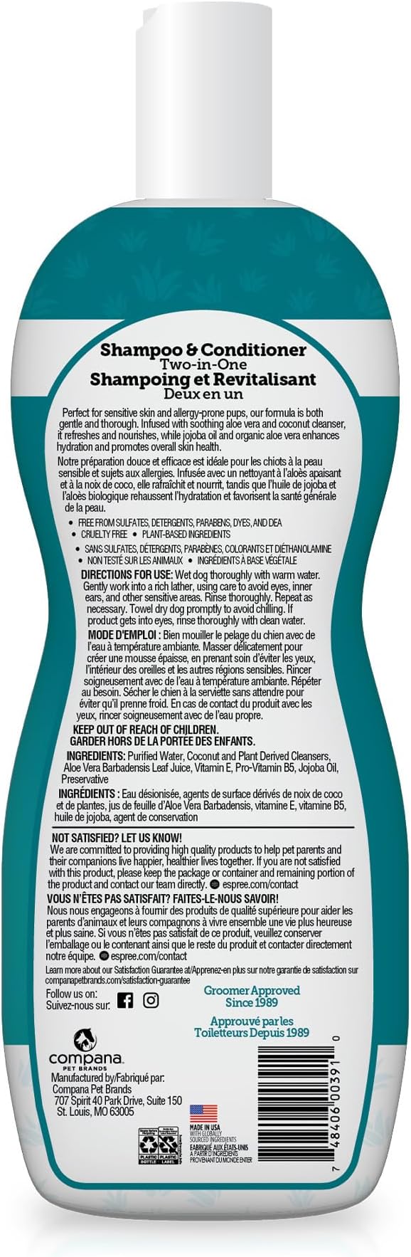 Espree Hypoallergenic Dog Shampoo & Conditioner, Tearless Formula with Aloe Vera, Sulfate-Free, Paraben-Free, Harsh Chemical and Dye-Free, Safe for Sensitive Skin, 20oz (Pack of 2)
